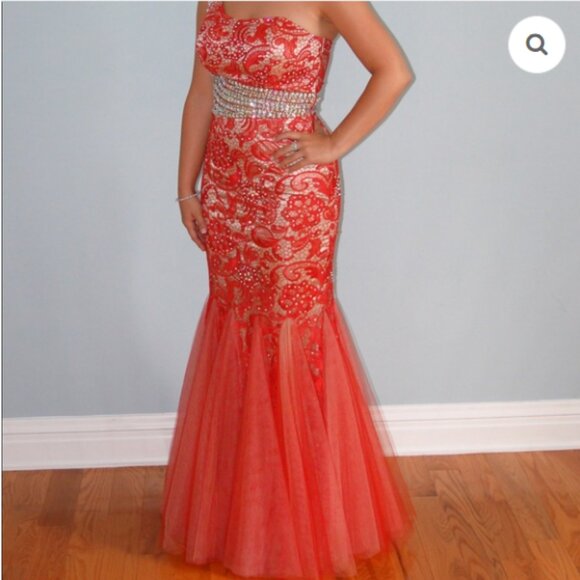 Panoply 44236 Prom Dress Women Size 12 Lace Overlay Tulle Trumpet Mermaid Glam - Picture 1 of 12